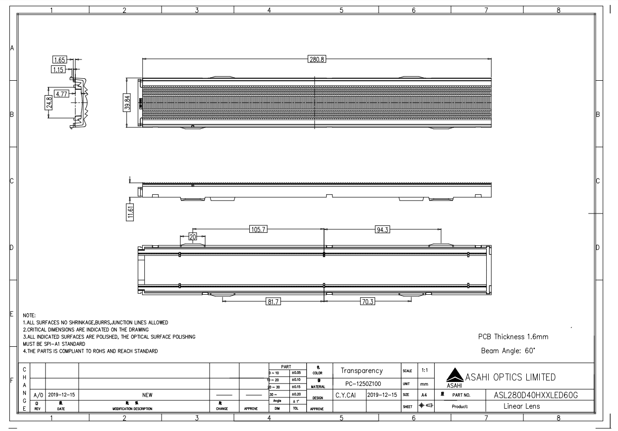 linear lens ASL280D40HXLED60G drawing