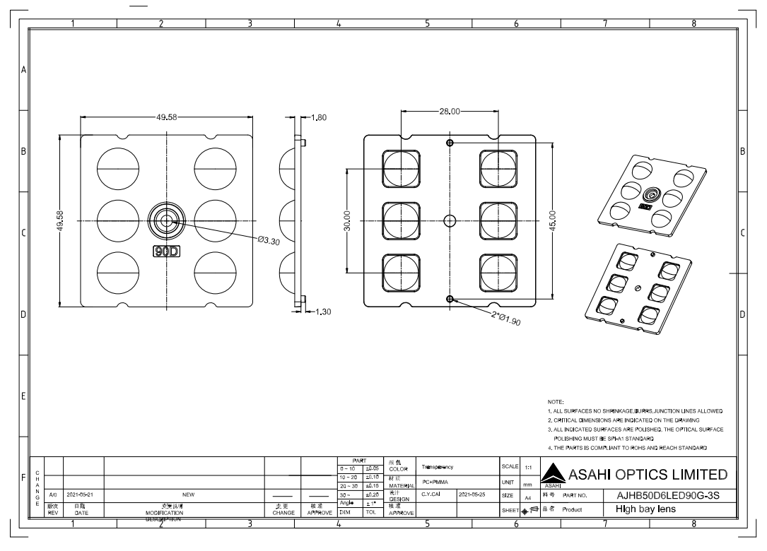 2x3 LED LENS 90° Drawing