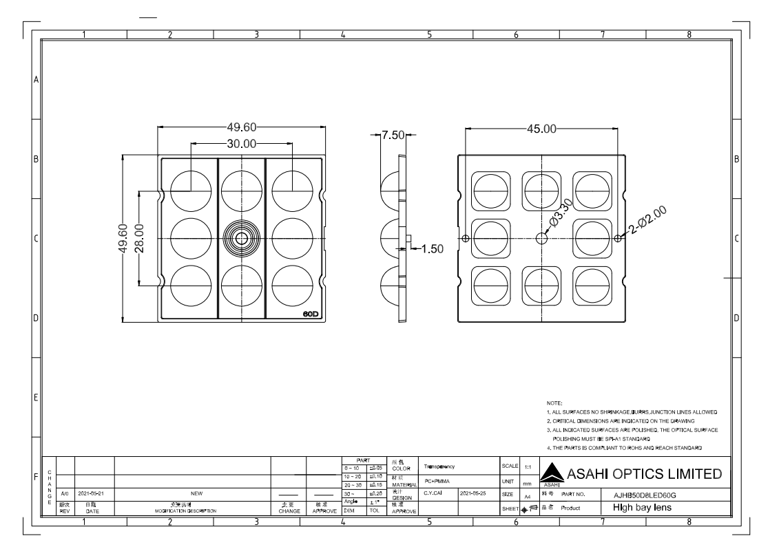 AJHB50D8LED60G 8LEDs lens drawing