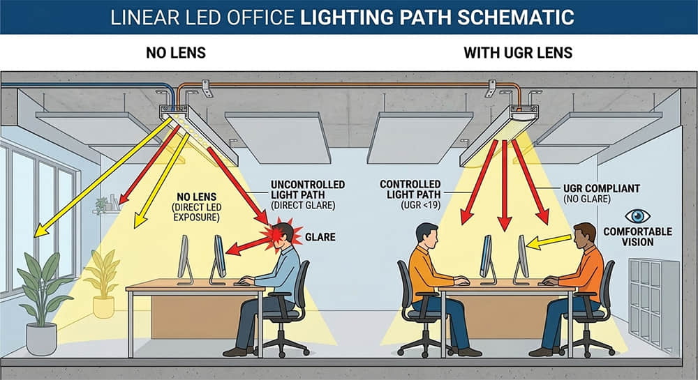 Schematic diagram of linear LED office lighting path