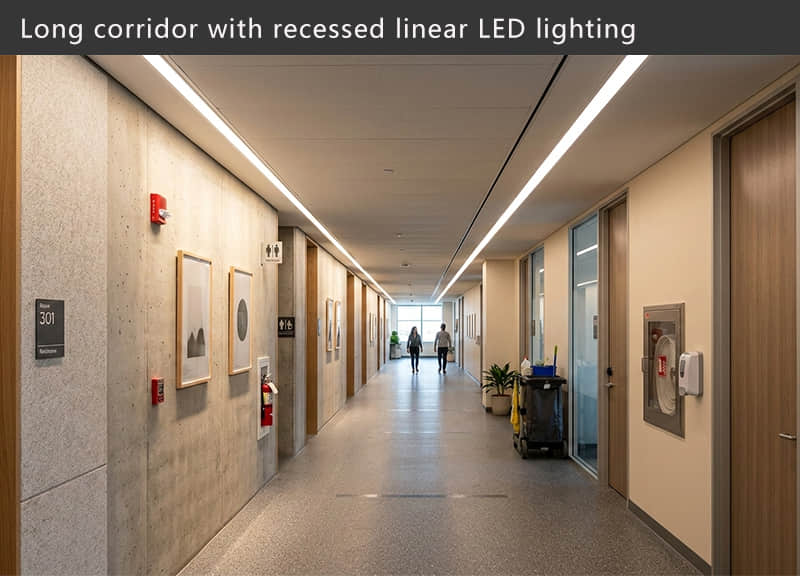 Long corridor with recessed linear LED lighting