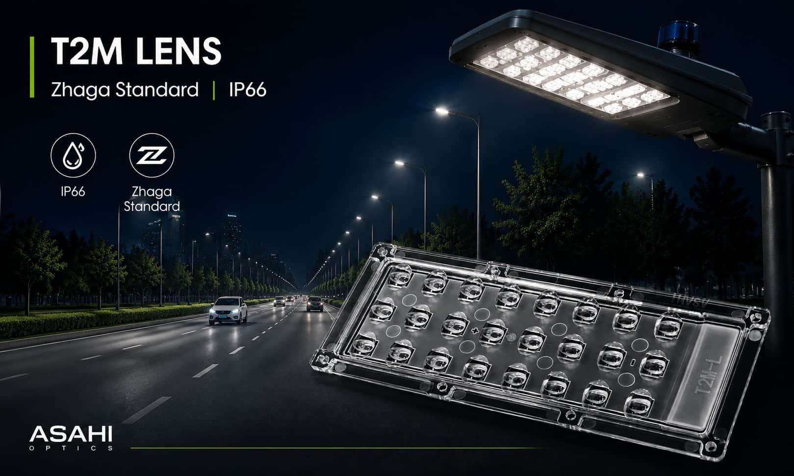 3x8 T2M LED Street Light Lens with Zhaga Standard IP66 Design for Roadway Lighting Applications
