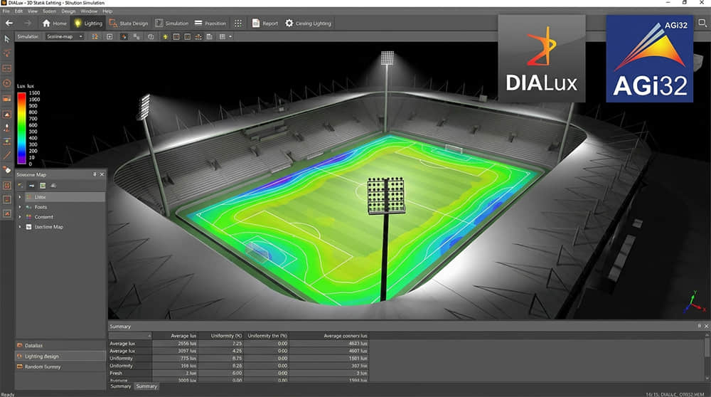 Dialux software simulation of soccer field lighting.