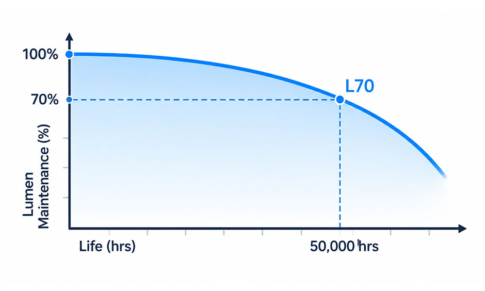 Illustrative LED Lumen Maintenance Curve Showing the L70 Threshold