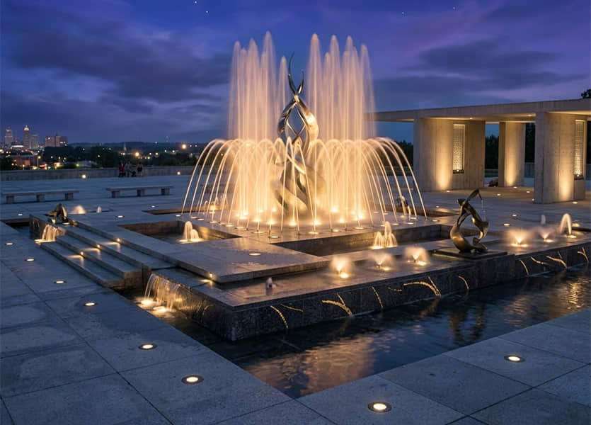 In ground lights for square fountain landscape lighting.