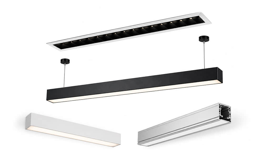 Recessed, pendant, and surface mounted linear luminaires