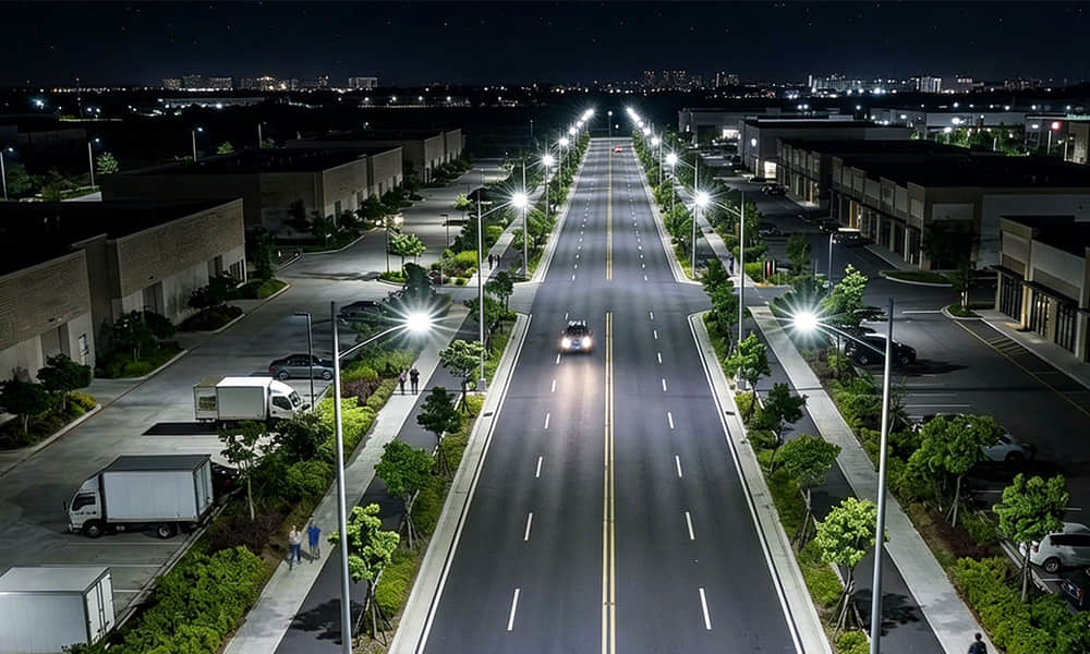 Staggered street light arrangement
