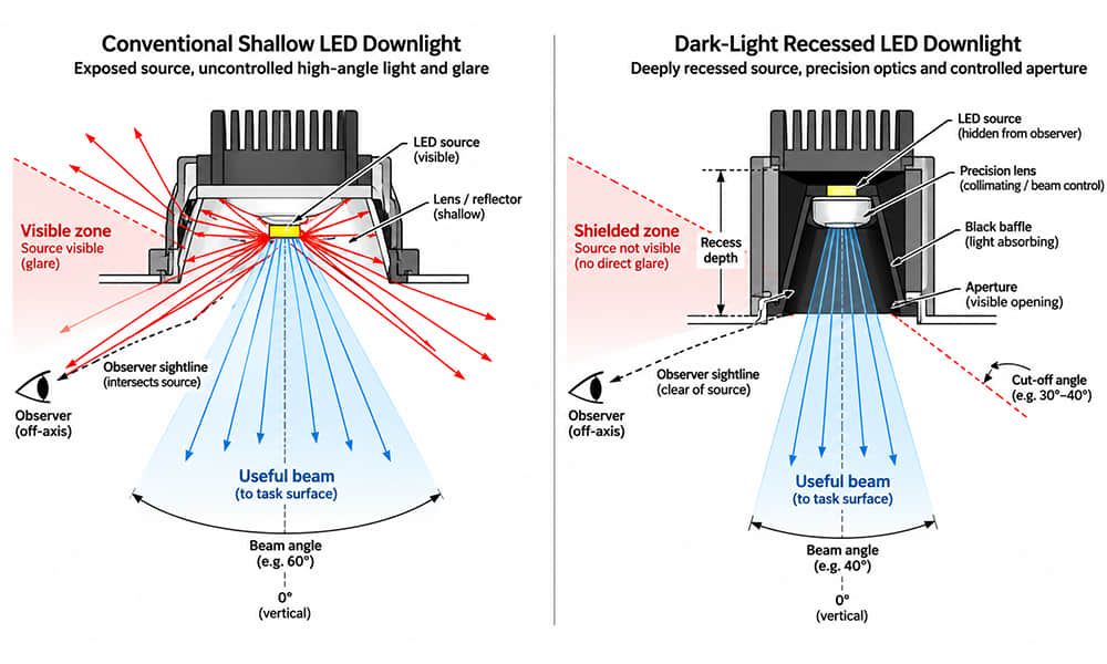 Cross-section comparing an exposed LED downlight with a recessed dark light optic and controlled observer sightline