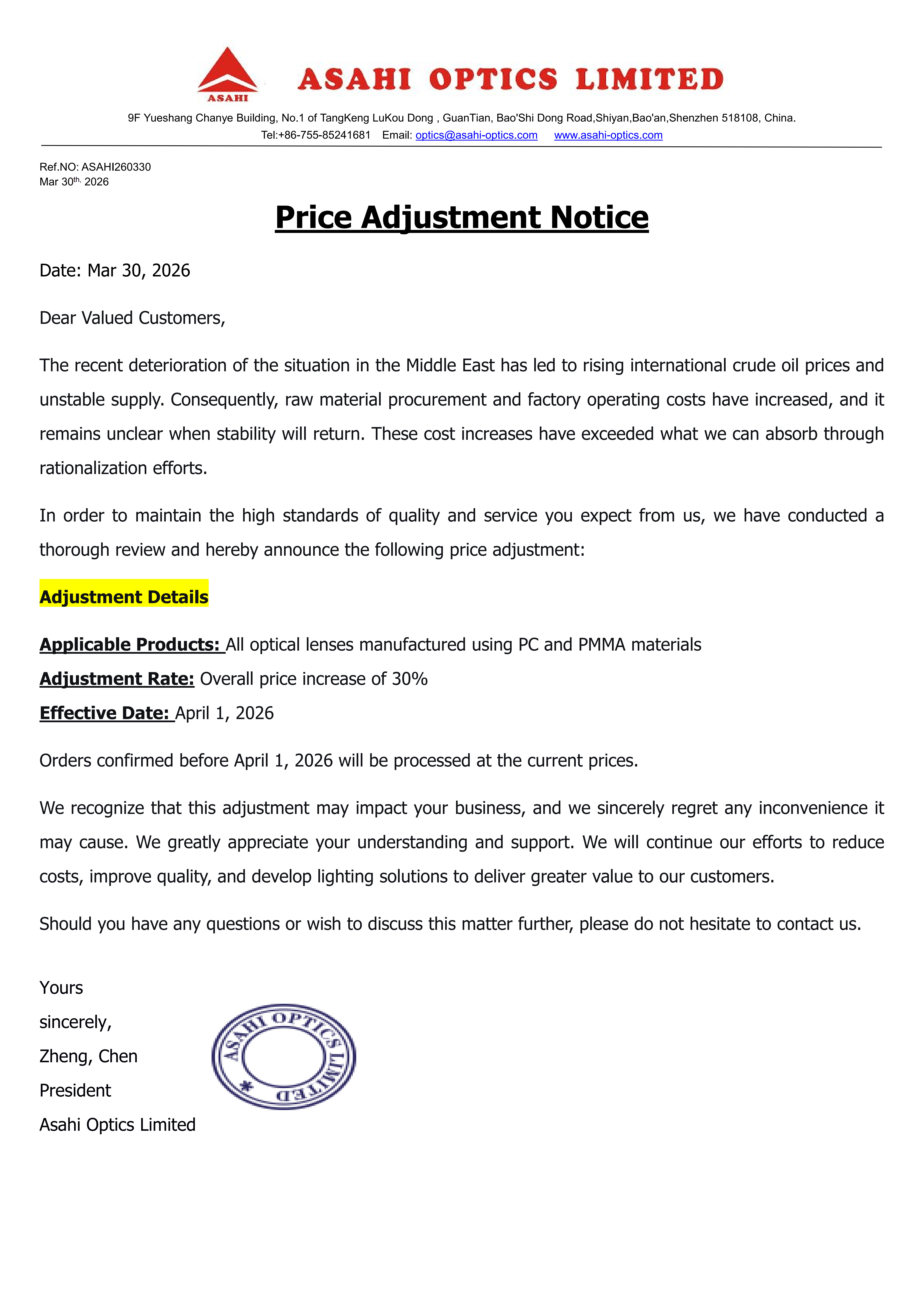 price adjustment notice asahi