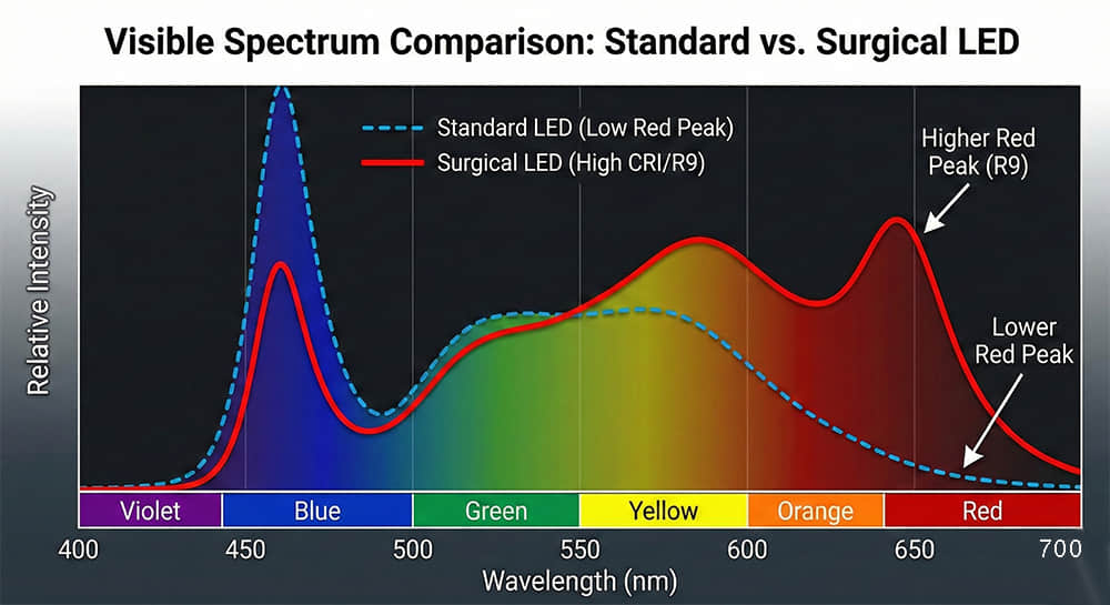 visible spectrum comparison standard vs surgical led