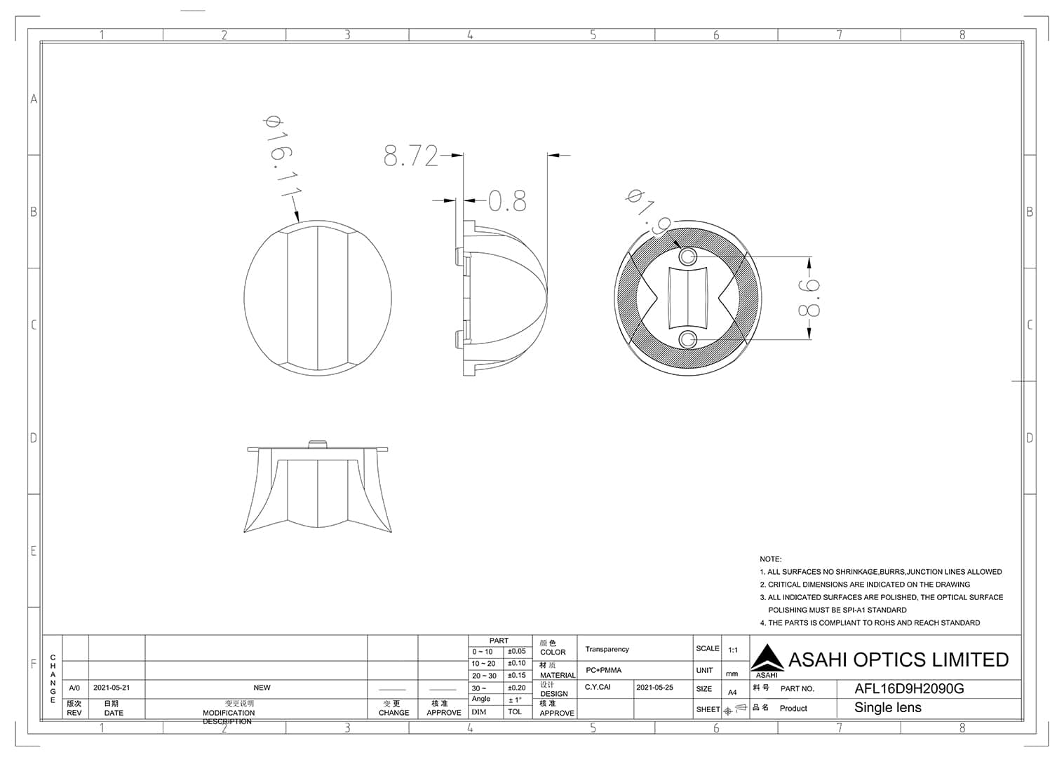 Asahi Optics AFL16D9H2090G Drawing