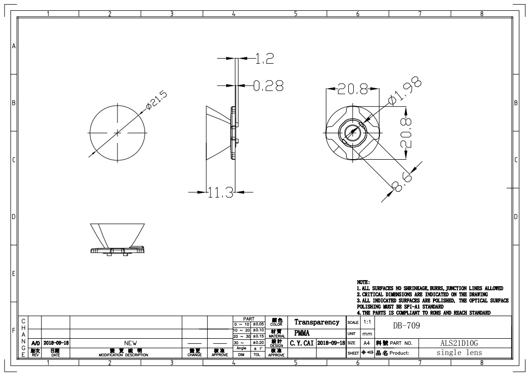21mm Single Lens Narrow Spot Beam 10 Degree Drawing