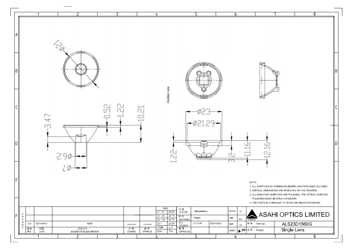 23mm Single Lens Color Mixing Narrow Long Beam 15x60° Drawing