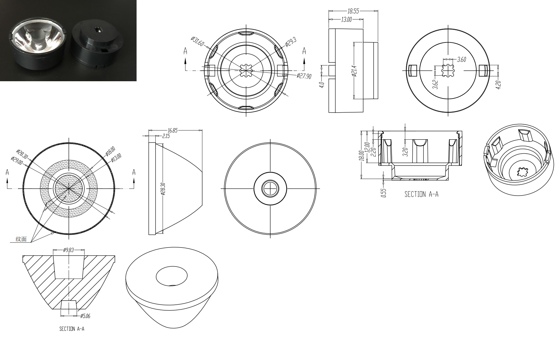 29mm Narrow Beam Dental Light Lens 5 Degree Drawing