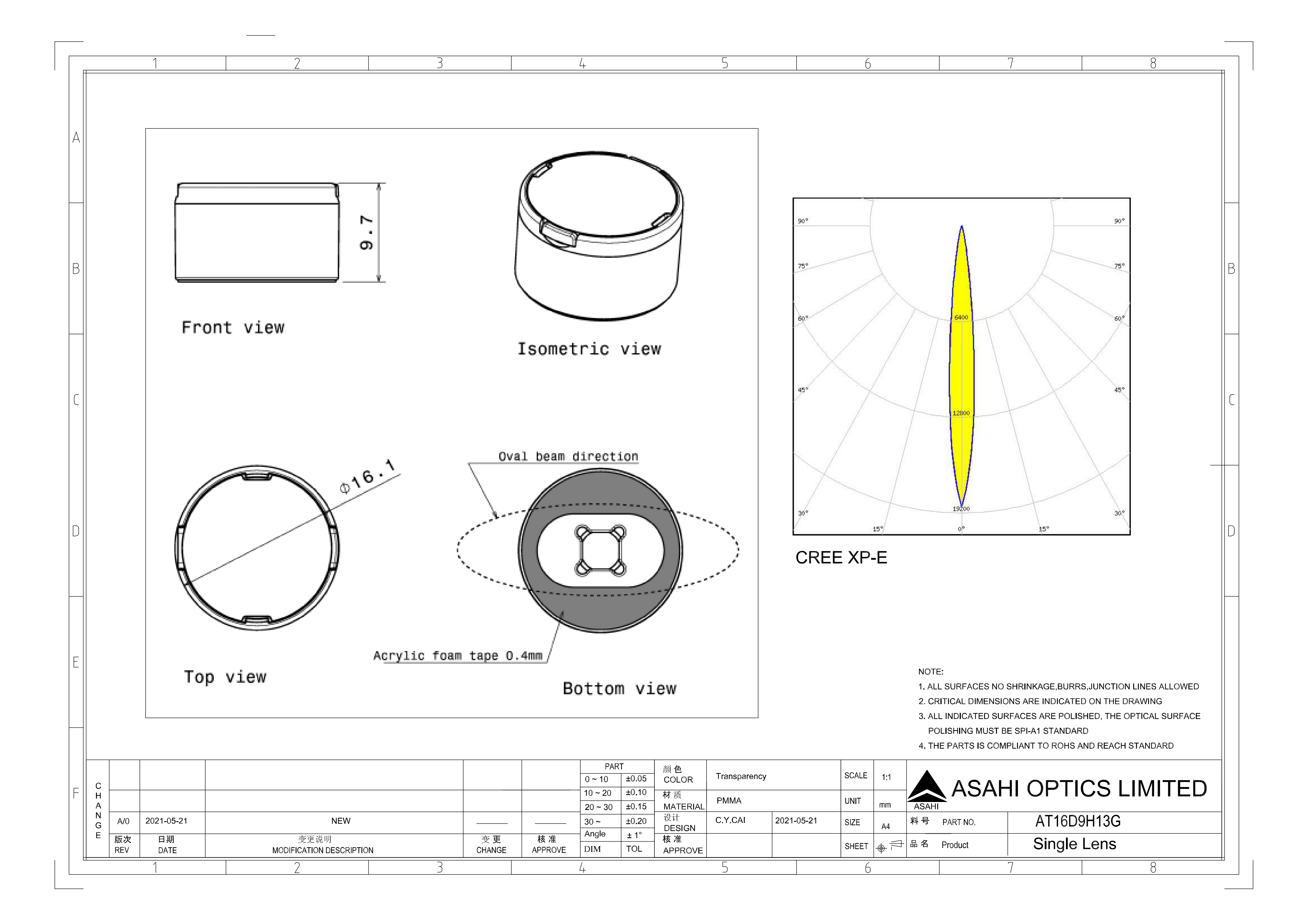 ASAHI OPTICS AT16D9H13G CREE XP E Drawing