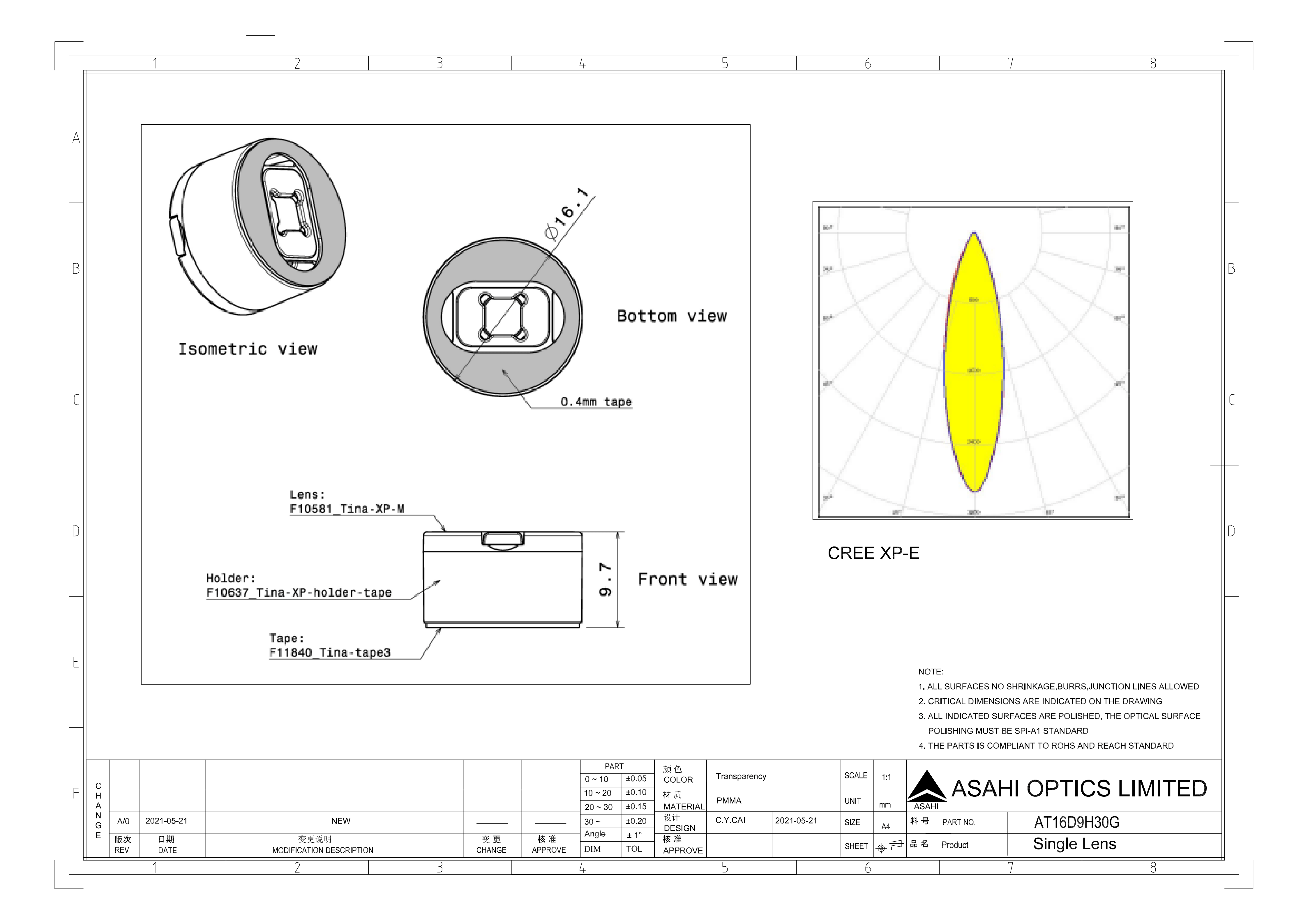 ASAHI OPTICS AT16D9H30G CREE XP E Drawing