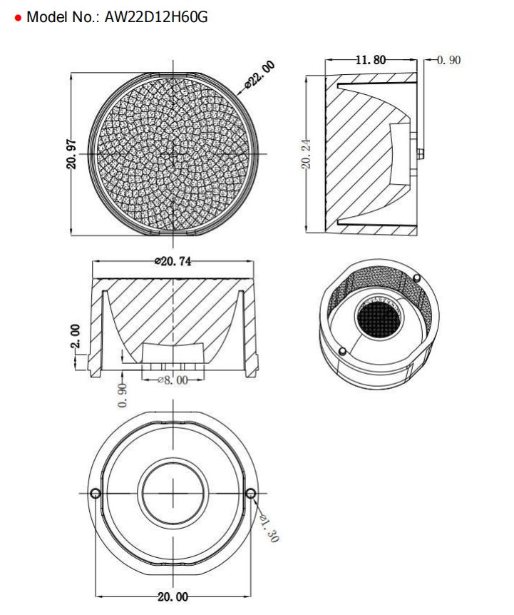 22mm Single Lens Beam From 10 To 80 Degree Drawing