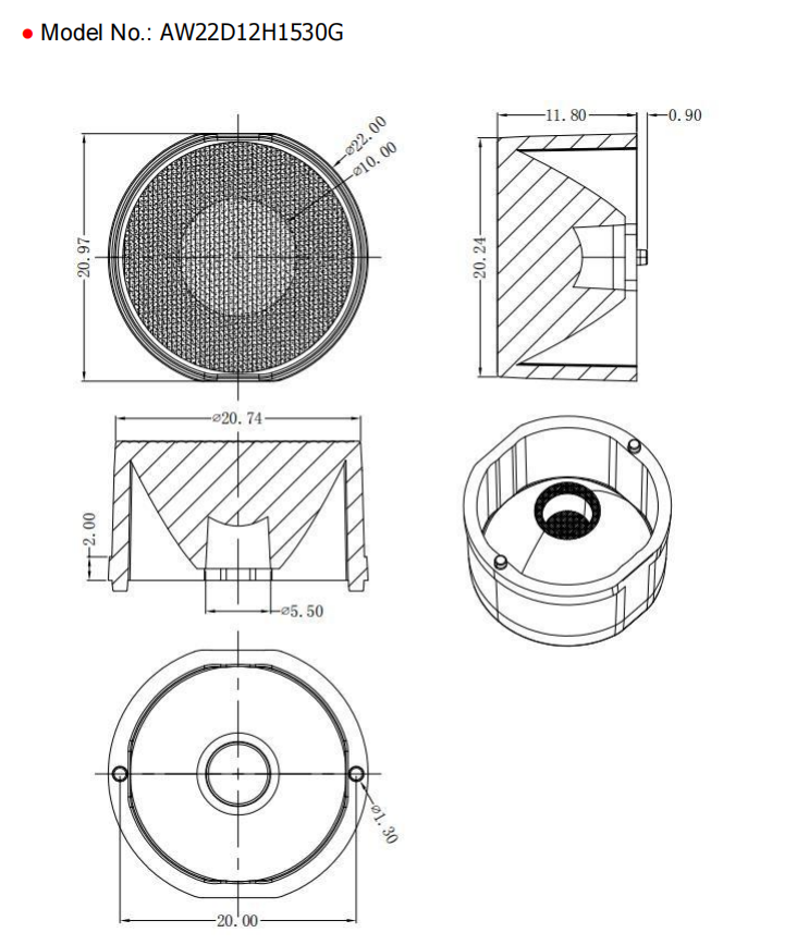 Diameter Of 22mm Architectural Wall Wash Lighting Lens Drawing