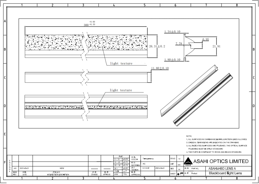 300X21.9mm linear lenses with 17X83degree for classroom lighting drawing