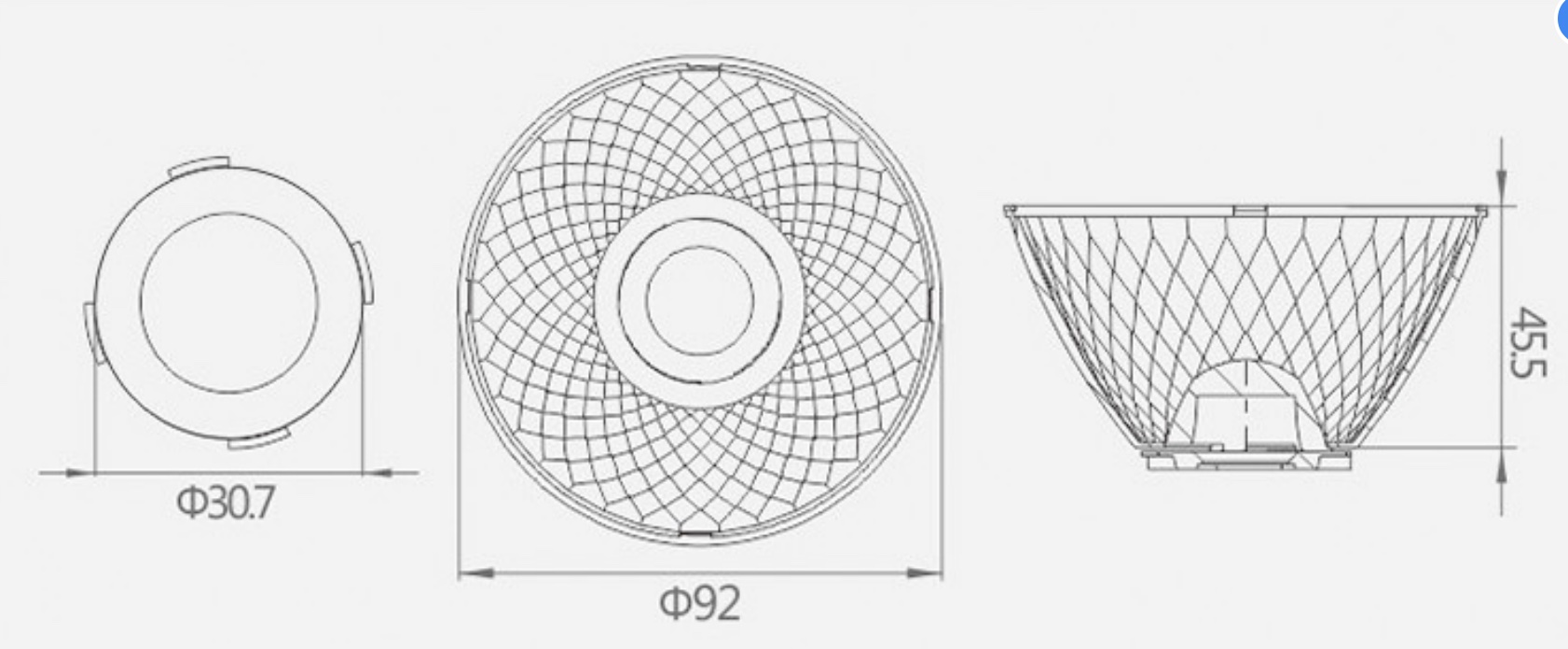 91mm COB LED Reflector With Holder With View Angle 15° 25°38° Drawing