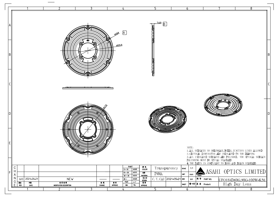 100 Watt Medium Power Industrial UFO Lens 60°90° Drawing