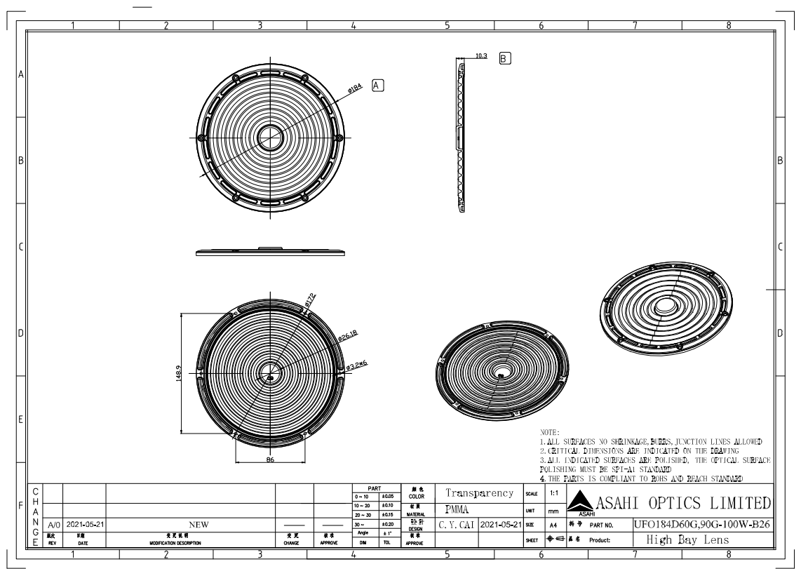 Sensor Type 184mm 100W UFO LED High Bay Light Lens 60° Drawing