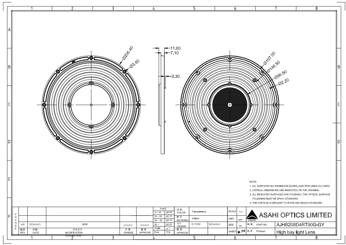 High Voltage UFO Industrial Light Lens For 3030LED 90° Drawing