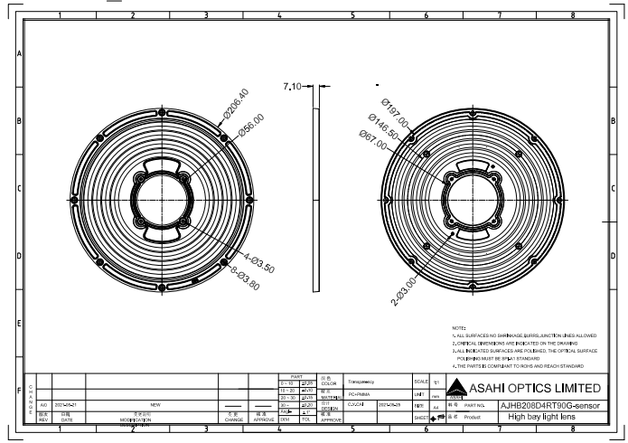 UFO Industrial Light Lens 3030LED 90° With Sensor Option Drawing