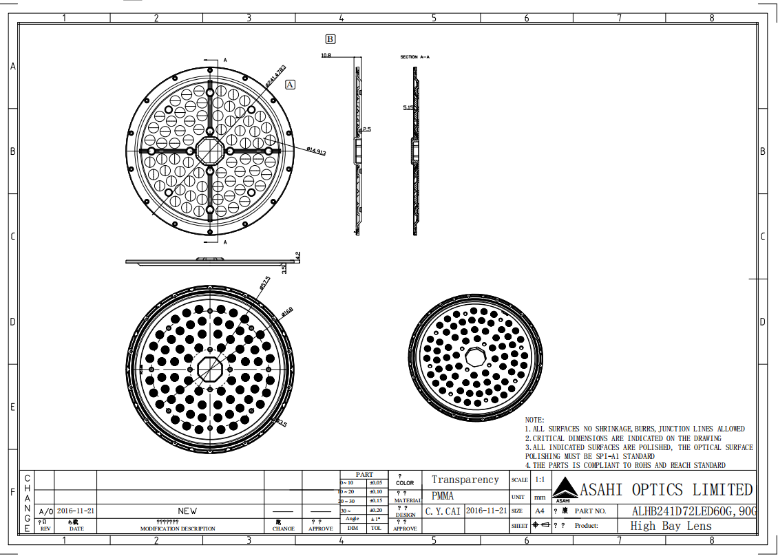 150W UFO Highbay Light Lens 72LEDs 3535LED 60° 90° Drawing