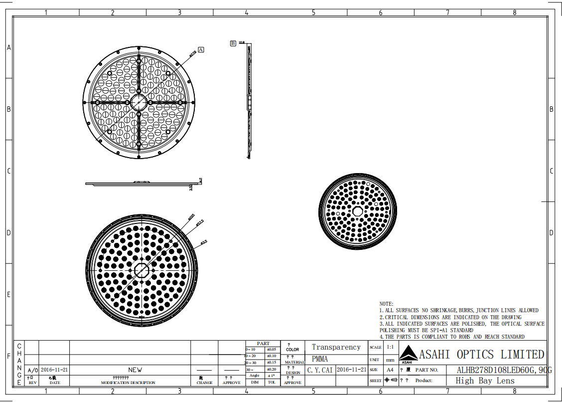 108LEDs 200W UFO Highbay Light Industrial Lens 60° 90° Drawing