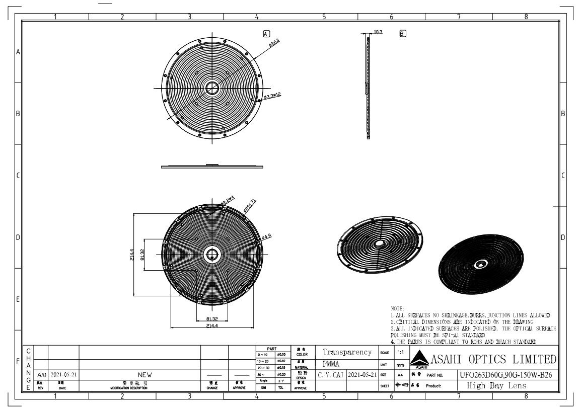 150W Dual Color Temperature UFO High Bay Light Lens 60°90° Drawing