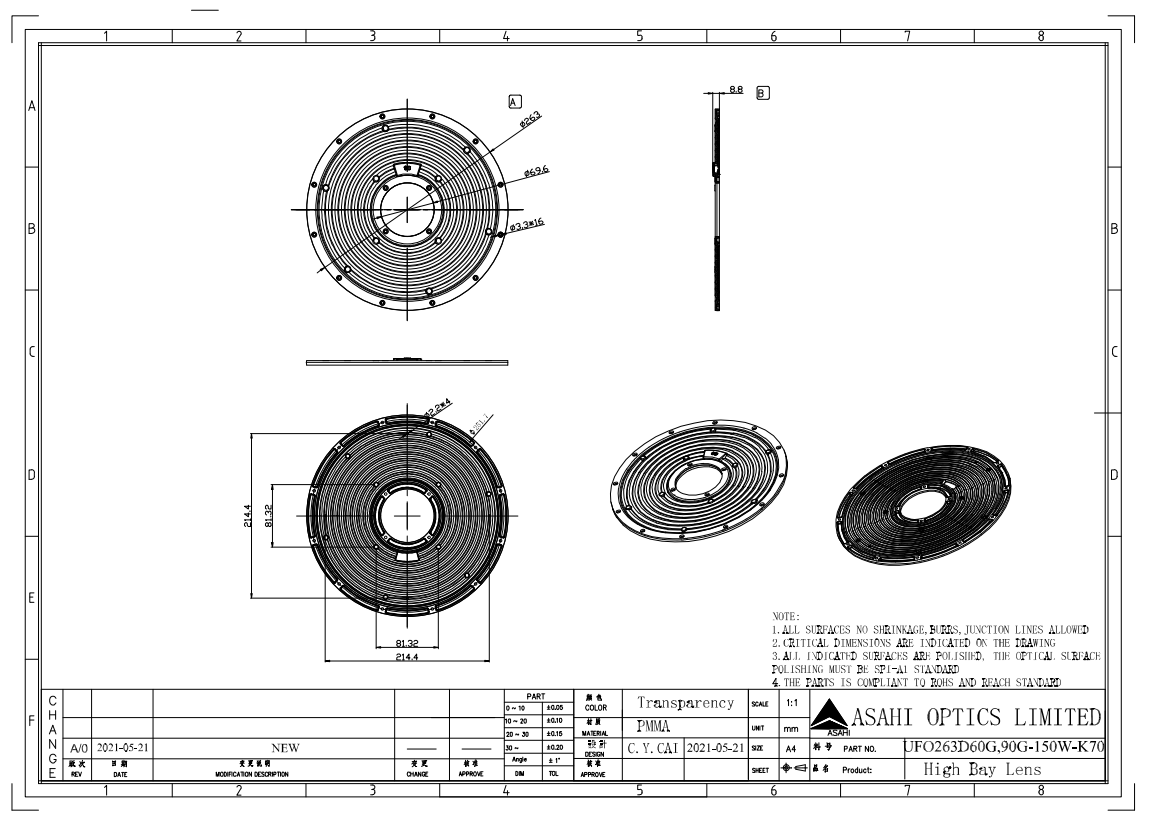 UFO 150 Watt Anti Glare High Bay Light Lens 60° Drawing