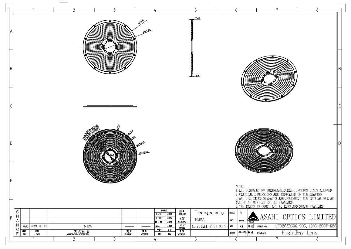265mm 200W Industrial Light IP66 Waterproof Lens 3030LED 60°90°120° drawing