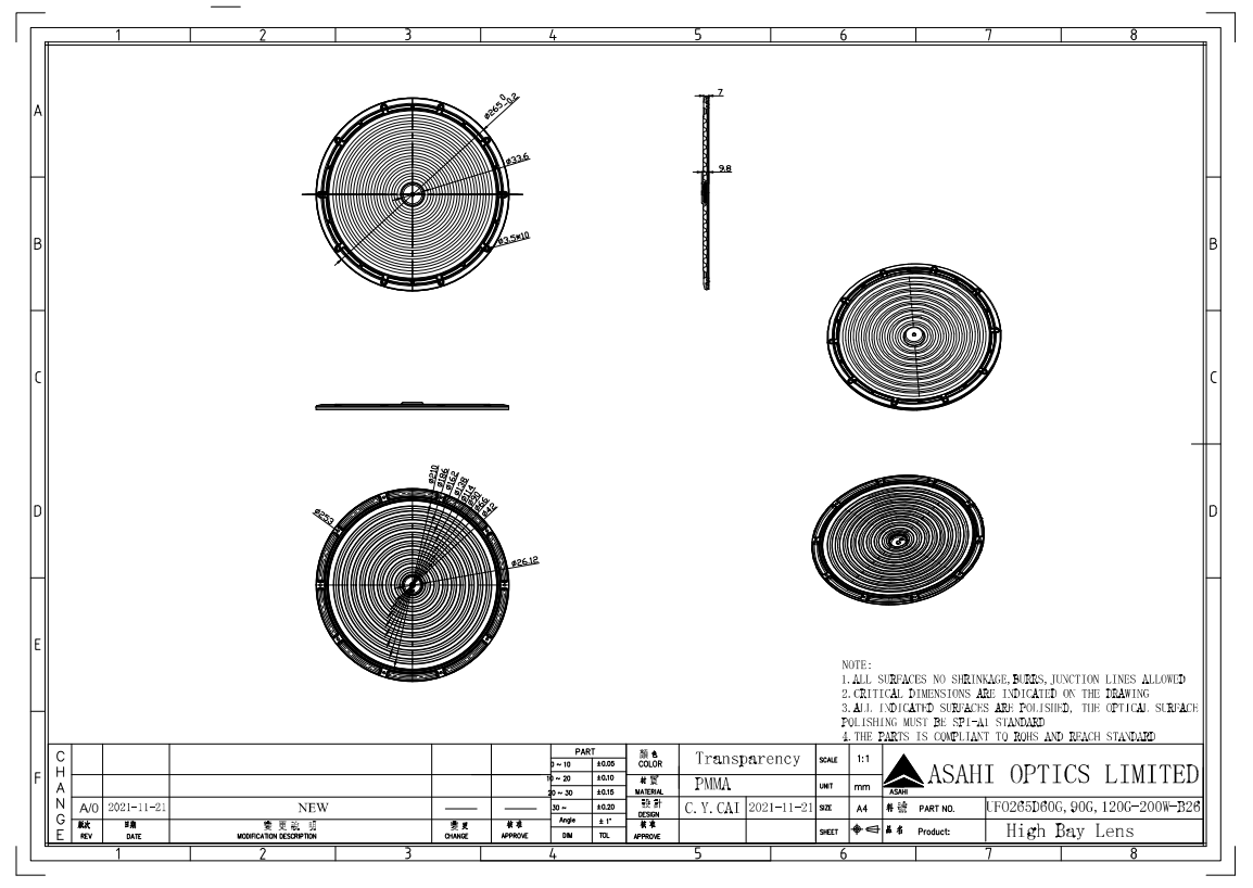 265mm UFO Industrial Light Lens 200W 3030LED 60° Drawing