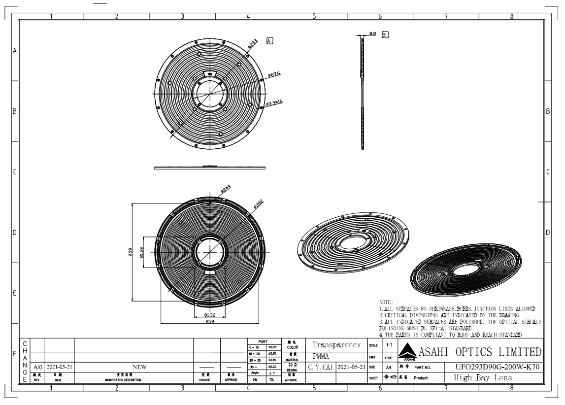 200W High Luminous Efficacy 293mm UFO Industrial Light Lens 60° Drawing