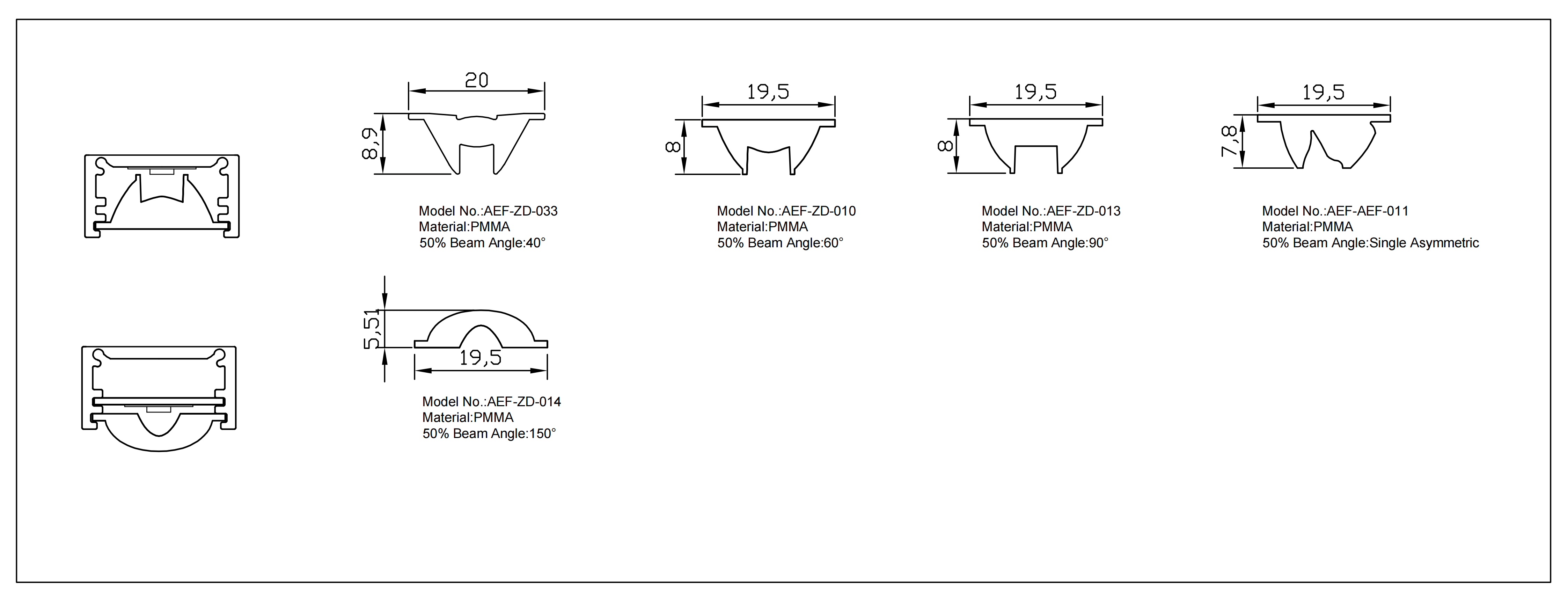 ASEL AO20 Series Extrusion Linear Lens 2D Drawing