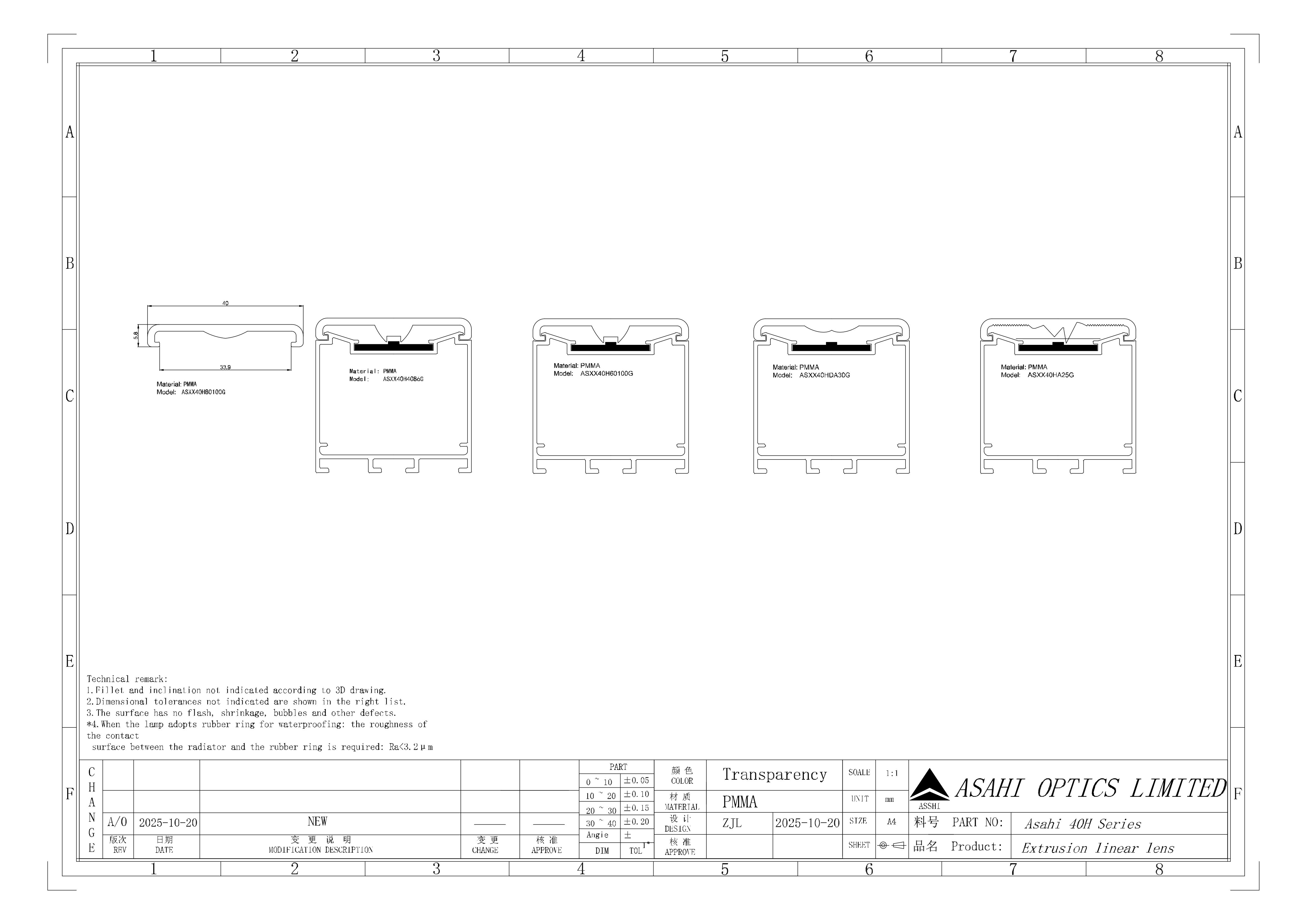 Asahi optics 40H series linear lens Drawing