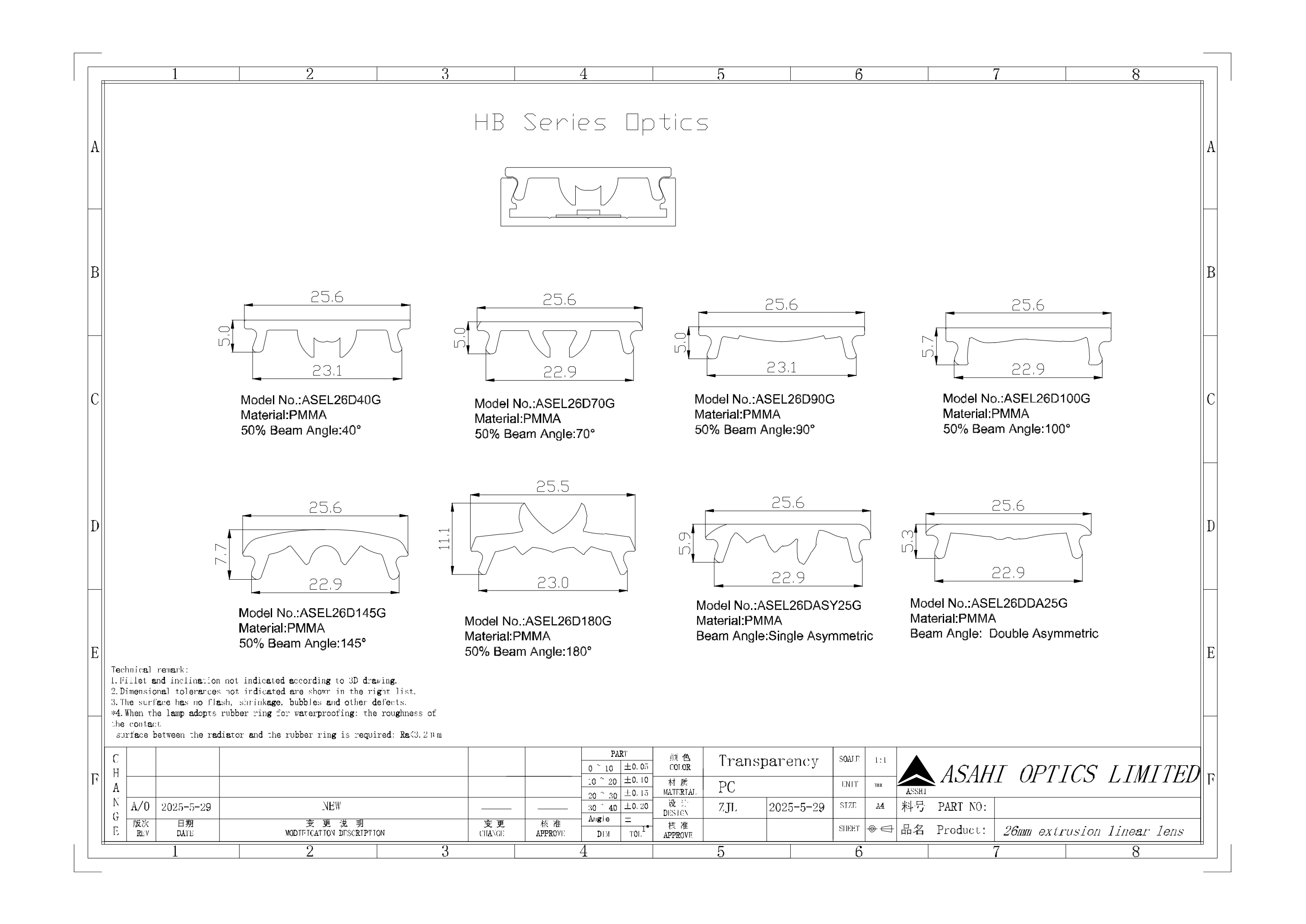 asahi optics 26mm series extrusion linear lens drawing