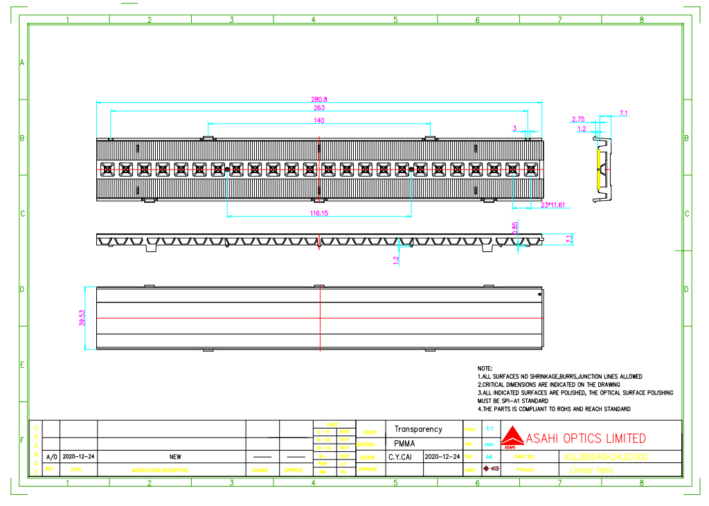 LED Linear Light Optics With TIR Design Drawing