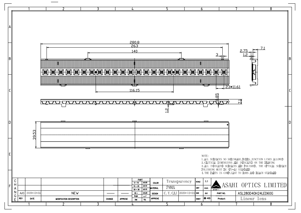Linear Lenses Compatible With 2835LEDs Drawing