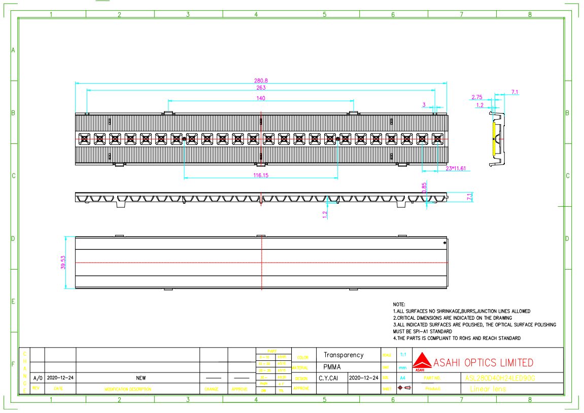 Low Glare Linear Lens Featuring Narrow Beam Angle Drawing