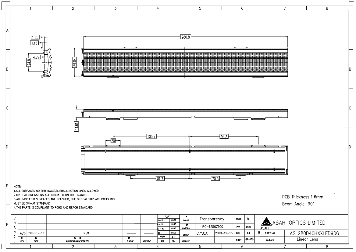 Linear Lighting Optical Design With Round Beam Angle Drawing