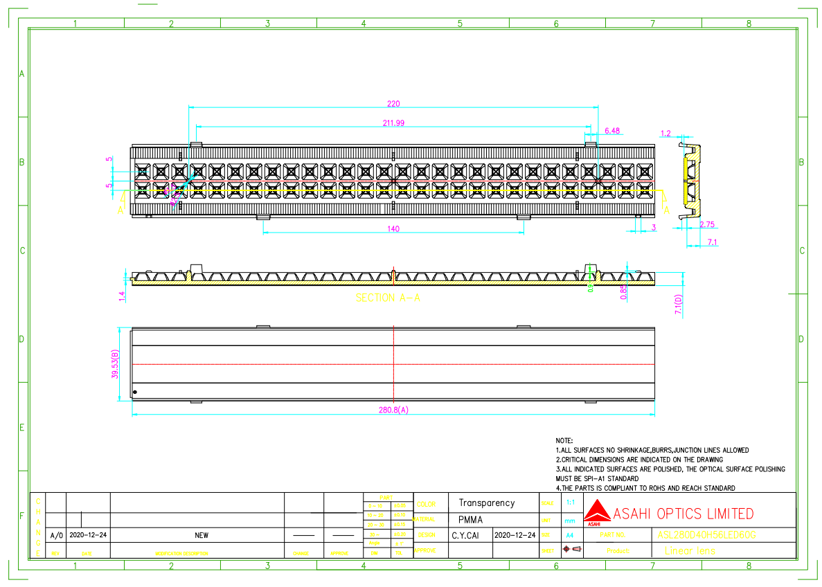 Linear LED Lens With Diameter 280mm Drawing