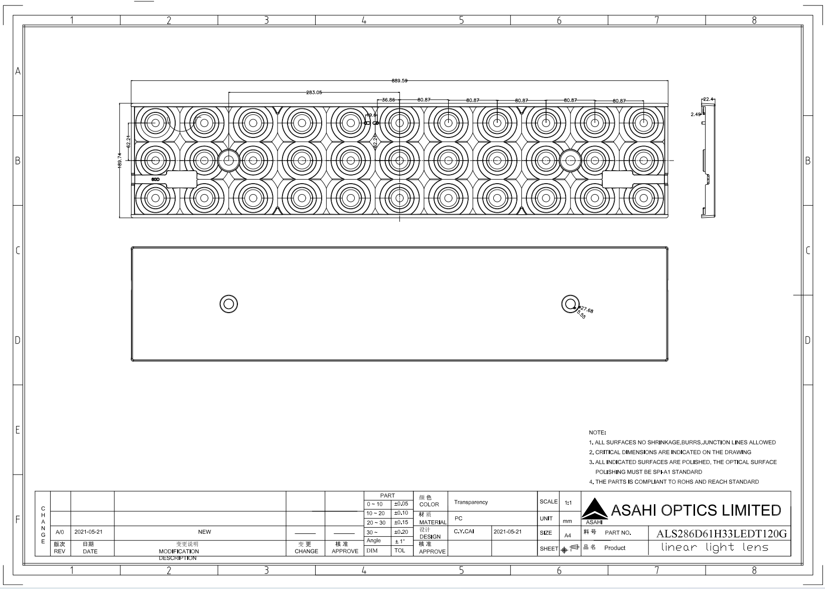 Linear Lighting Optics Featuring 33leds Optics Design Drawing