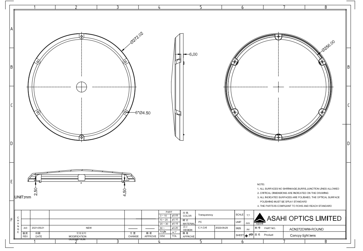 272mm DLC F Round Shaped Outdoor Canopy Lighting Lens Drawing