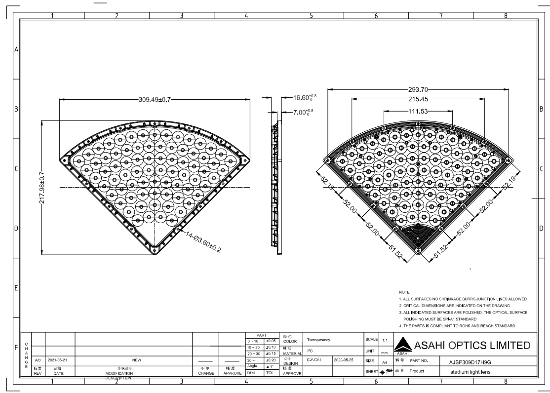 Narrow Bam 9degree Outdoor Fan Shaped Stadium Lighting Lens Drawing