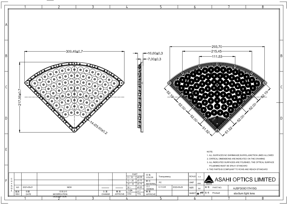 narrow beam 15degree 76in1 sport lighting lens for 3535LED Drawing