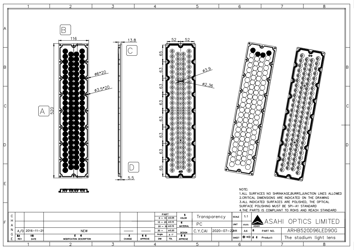 90degree beam High power 96 leds flood light lens compatible with 5050LED Drawing
