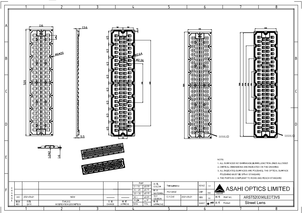 Stadium lighting lens with 96LEDs featuring TIII very short throw Drawing