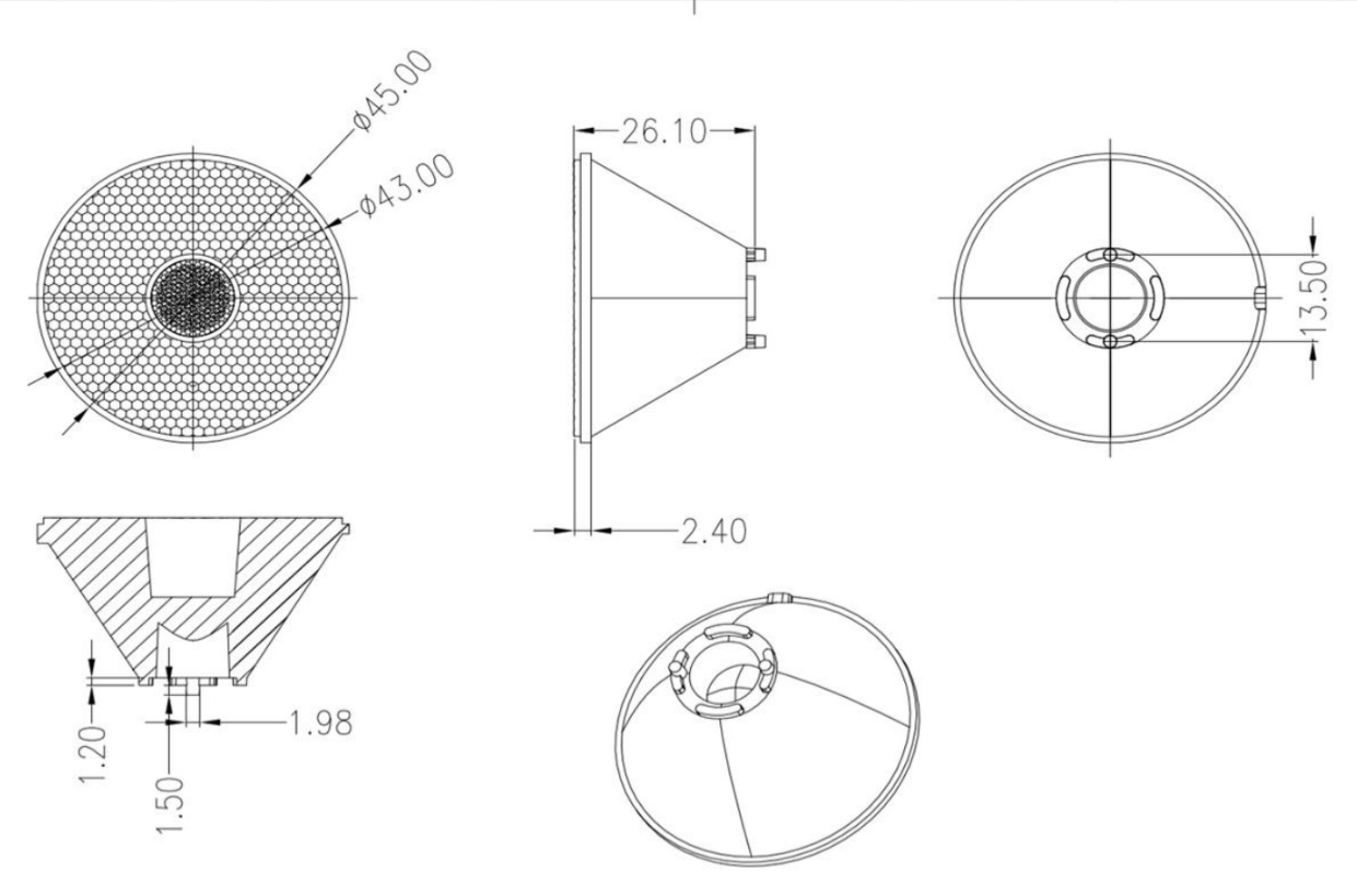 45mm RGBW lens with Narrow beam 5° for color mixing lighting Drawing